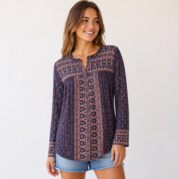 Lucky Brand Tops - Lucky Brand Purple Ikat Floral Henley Blouse Long Sleeve Boho Top Medium